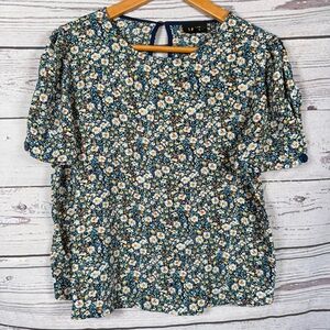 W5 Anthropologie Women’s Floral Gold Shimmer Short Sleeve Top Blouse size S